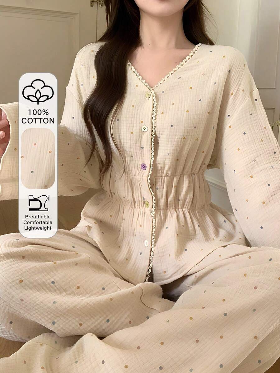 DAZY 2件套甜美波点印花雪纺面料荷叶边女士夏季睡衣套装 - 米色 - 查看 1