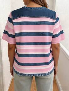 EMERY ROSE Kaos Wanita Lengan Pendek Leher Bulat Motif Garis-Garis Patchwork Kasual Serbaguna Formal Liburan Musim Panas Warna Pink - MultiWarna - View 2