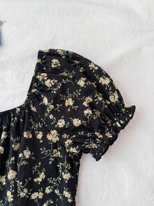 少女海军蓝碎花蝴蝶结领修身泡泡袖迷你连衣裙，适合派对、度假、海边奶奶装扮 - 黑色 - 查看 3