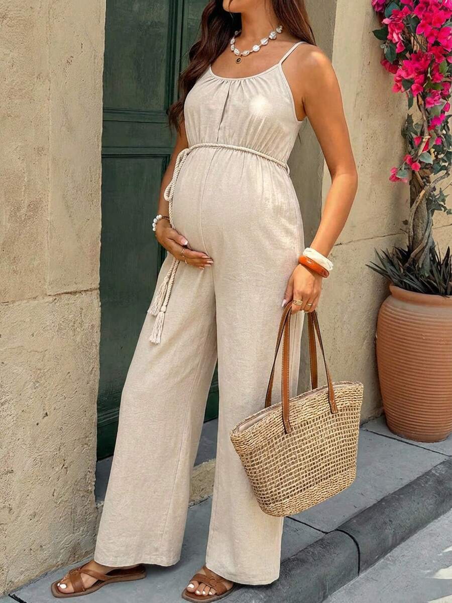 SHEIN Mono de maternidad de unicolor minimalista y casual - Caqui - Ver 1