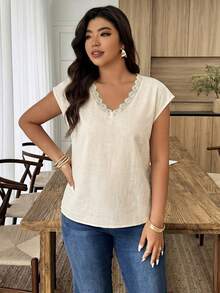 Weeklong Apricot Cotton Linen Lace Splice Collar Short Sleeve Shirt Comfortable Cotton Linen Pastoral Style Casual Vacation Spring Summer Plus Size Shirt - Light Yellow - View 4