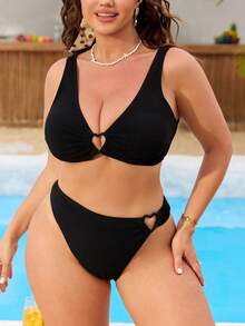 Swim Mod Plus Size Women's Solid Color Textured Halter Neck Front Heart Decor Triangle Bikini Set Set - Black - View 4