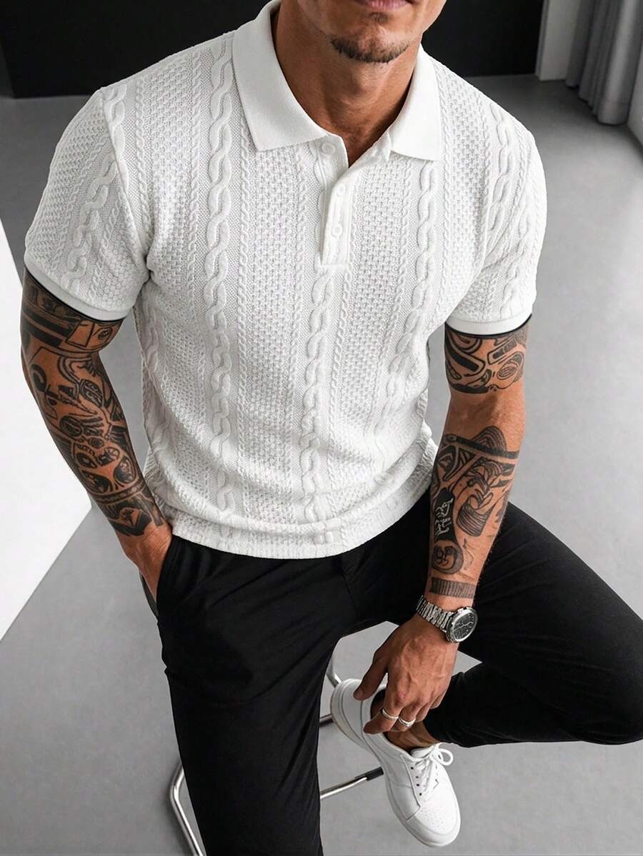 Manfinity Homme 男士夏季休闲日常通勤格子印花口袋纹理面料短袖 Polo 衫 男士衬衫 白色 Polo 衫 男士高尔夫球衫 ... - 白色 - 查看 1