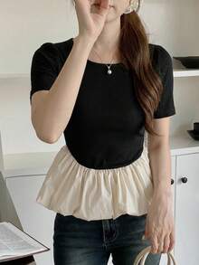 DAZY 女款圓領韓式對比色長袖T恤 夏季校園風 - 黑色 - 查看 5