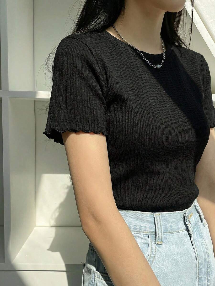 DAZY 纯色圆领荷叶边纹理面料休闲夏季短袖T恤 - 黑色 - 查看 1