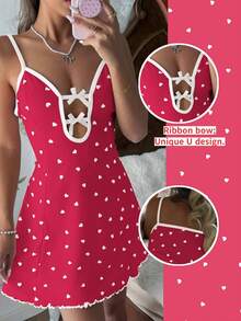 CottageSlumber Red Heart & Bow Ribbed Knit Sexy Spaghetti Strap Nightgown With Frill Trim For Ladies - Hot Pink - View 2