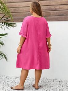 SHEIN CURVE+ Plus Size Women's Solid Color Round Neck Short Sleeve Straight Loose Casual Dress For Summer/ Vacation Summer Dress Summer Outfits Summer Clothes Spring Dress Spring Outfit Women Spring Clothing Floral Dress For Women Beach Vacation Outfits For Women Vacation Dress Bohemian Pink Dress Summer Plus Size Dress - Hot Pink - View 7