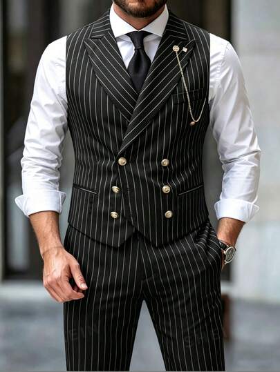 Manfinity Bizformal 男士春夏婚礼两件套西装，条纹马甲和西裤商务正装套装