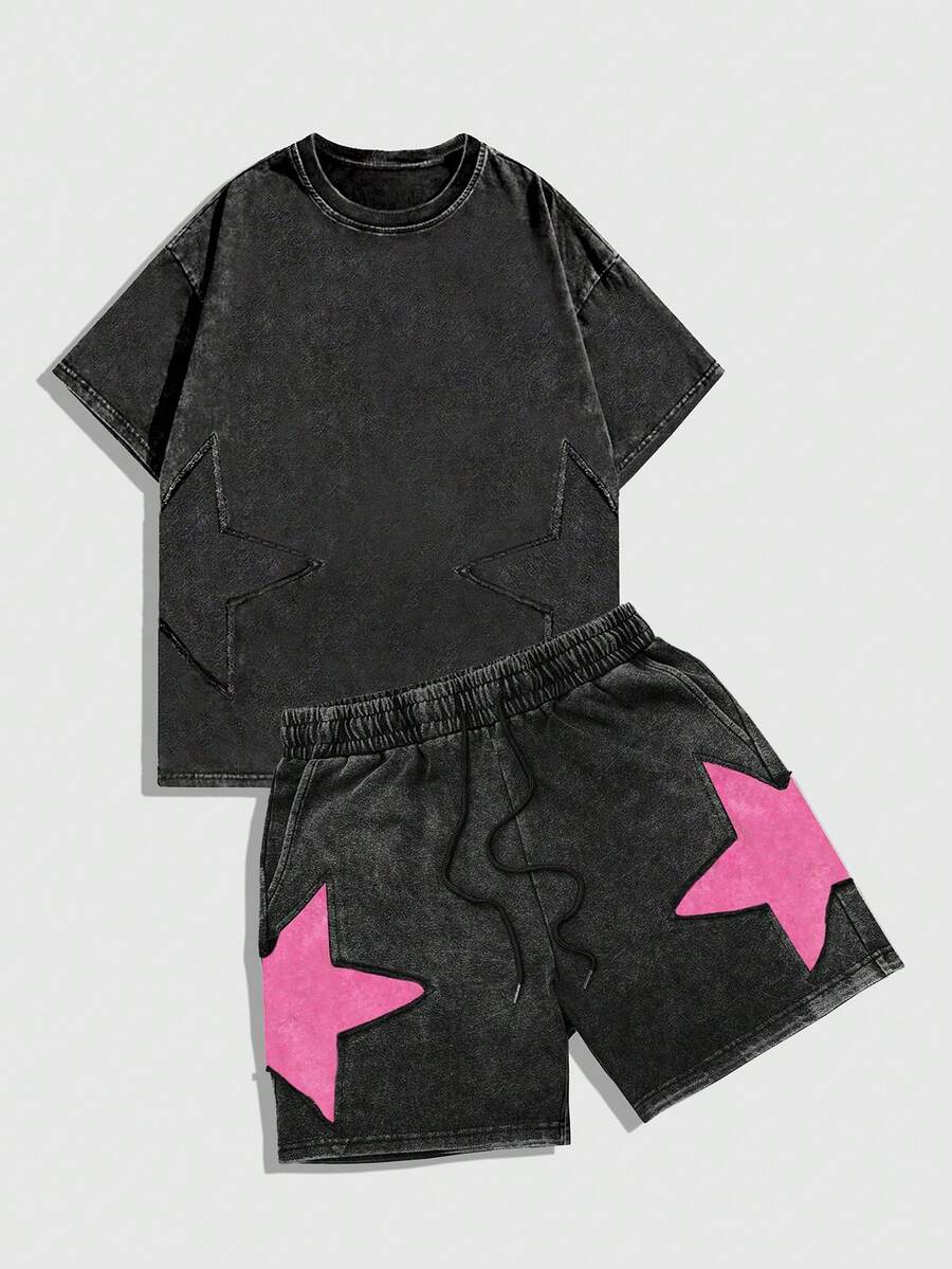 ROMWE MEN Street Life 男士休闲星形印花水洗短袖T恤和抽绳短裤套装,夏季通勤时尚街头风 - 黑色 - 查看 1