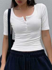 Dazy Star Women's Casual Daily Commute Minimalist Solid Color Half-Button T-Shirt, Summer - White - View 4