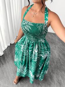 SHEIN Elenzya Đầm maxi cỡ lớn in họa tiết hoa nhiệt đới, kiểu dáng cúp ngực, thắt eo, thanh lịch, không tay, thích hợp cho kỳ nghỉ hè. - màu xanh lá - Xem 6