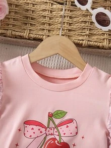 Áo thun tay phồng màu hồng cho bé gái, in hình quả anh đào và nơ, cổ tròn, kiểu dáng dễ thương, ngọt ngào và thời trang. - Hồng - Xem 7