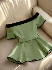 SHEIN Franclia Women's Elegant Fashion Minimalist Versatile Black & White Contrast Metal Sun Buckle Decor Ruffle Hem Blouse, Summer - Army Green - View 2