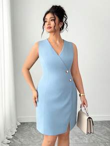 SHEIN Elenzya Plus Size Solid Color Minimalist Sleeveless Dress, Casual Everyday Wear - Blue - View 4