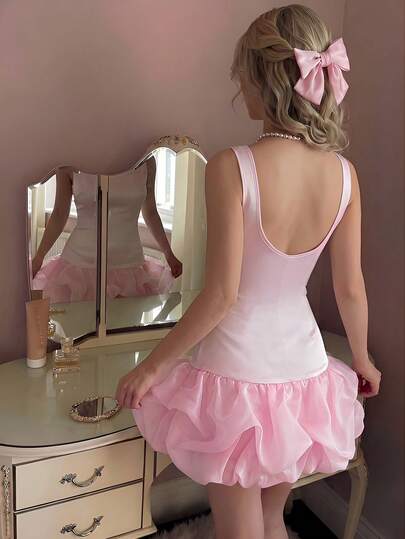 SHEIN MOD 粉色泡泡花边船领露背连衣裙