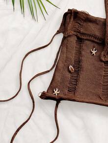 Soleia Vacation Beach Shell Decor Tube Top Knit Blouse And Skirt Set - Coffee Brown - View 3