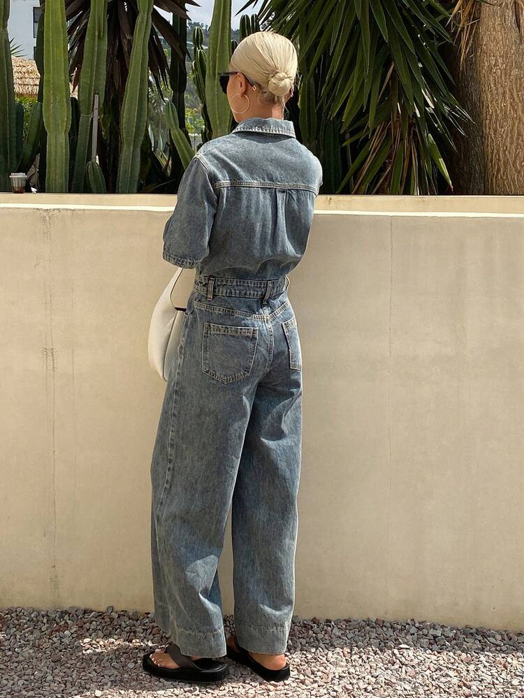 Women's Casual, Commuting, Fashionable, Street Style Denim Wide Leg Jumpsuit, Suitable For Spring, Summer, Autumn