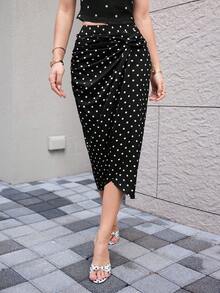 Modelyn Black Satin Polka Dot Twist Ruched Elegant Vacation French Style Skirt For Women - Black and White - View 5