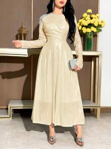 Modelyn Women's Yellow Pearl Decor Round Neck Long Sleeve Mid-Length Dress ,Spring Dresses For Women,Elegant Dress - Gold - View 7