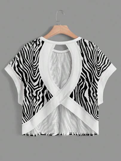 SHEIN Essnce 女士休闲圆领露背不对称下摆宽松无袖T恤，适合夏季穿着，斑马纹印花，女士夏季服装