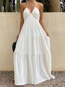DAZY Vestido ajustado de cintura sólida con línea A, vestido casual de playa de verano con cuello halter y espalda descubierta para mujeres, vestidos bohemios de sol para vacaciones de mujeres - Blanco - Ver 6