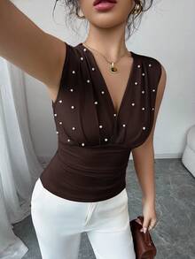 SHEIN Clasi 杏色珍珠优雅浪漫女士背心 - 咖啡棕 - 查看 5