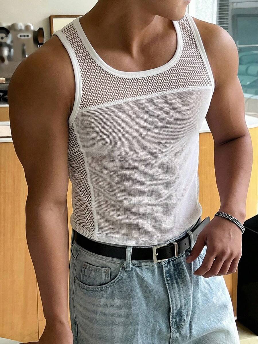 DAZY 男士网眼镂空弹力面料白色修身背心,夏季 - 白色 - 查看 1