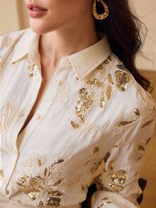 ZEYLAH Women's Fashion Sequins Embroidered Linen Long Sleeve Shirt - Apricot - View 1