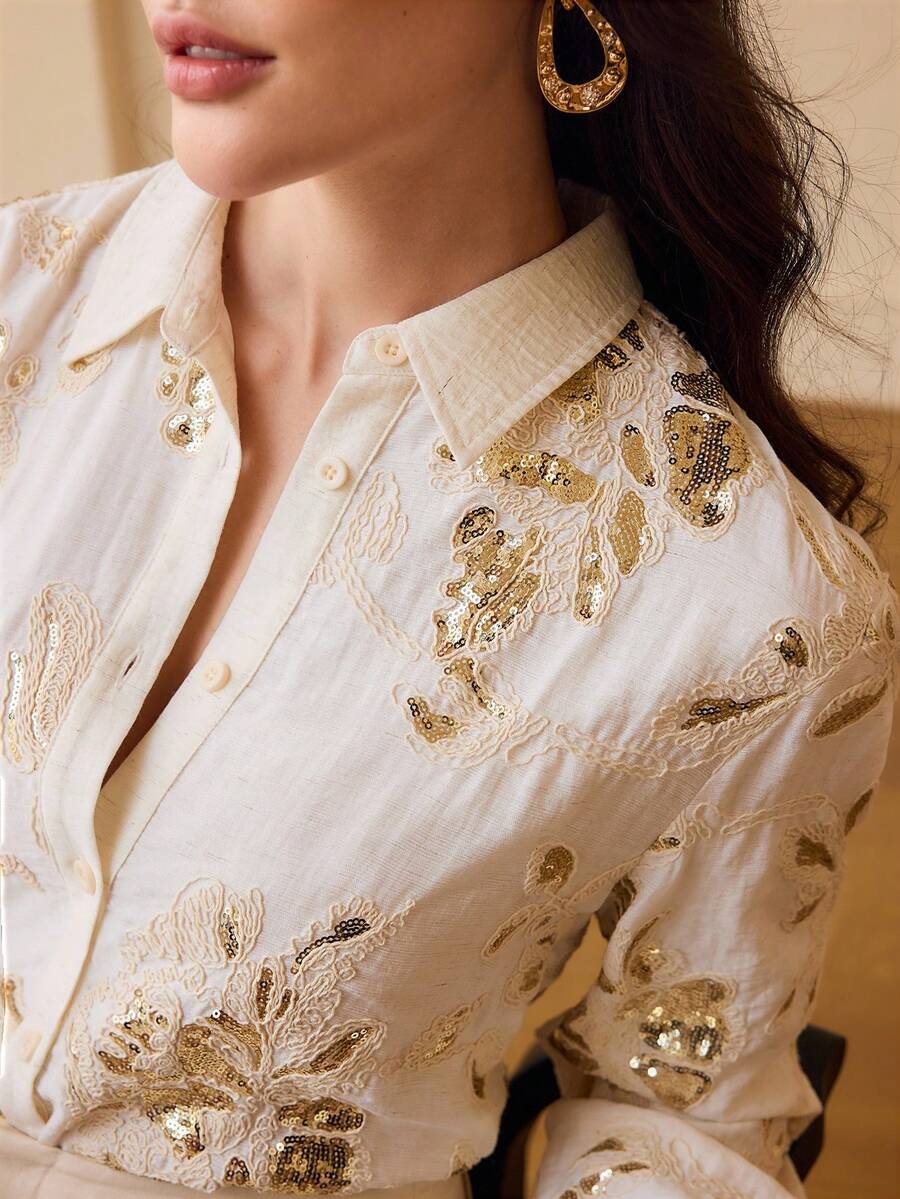 ZEYLAH Women's Fashion Sequins Embroidered Linen Long Sleeve Shirt - Apricot - View 1