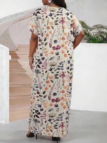 SHEIN Lady 女士V领短袖印花宽松连衣裙 - 彩色 - 查看 2