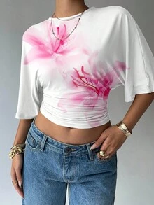 Aloruh Áo croptop nữ kiểu dáng thanh lịch, thoải mái, in họa tiết hoa ly màu hồng, cổ tròn, tay cánh dơi, thiết kế nhún bèo, thích hợp cho kỳ nghỉ, áo thun hoa ly, áo kiểu đi nghỉ mát. - trắng - Xem 4