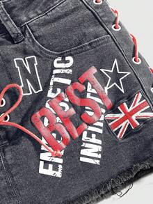 ROMWE Grunge Punk 运动风英国国旗贴片撞色抽绳设计超低腰牛仔紧身迷你裙 - 灰色 - 查看 4