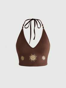 ROMWE Hippie Sun, Moon & Star Print Plus Size Halter Top & Skirt 2-Piece Set - Brown - View 8