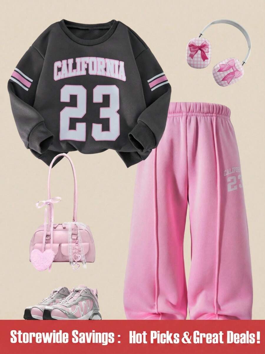SHEIN 2件套女童休闲加州23图案羊毛卫衣和裤子套装,粉色,秋冬 - 彩色 - 查看 1