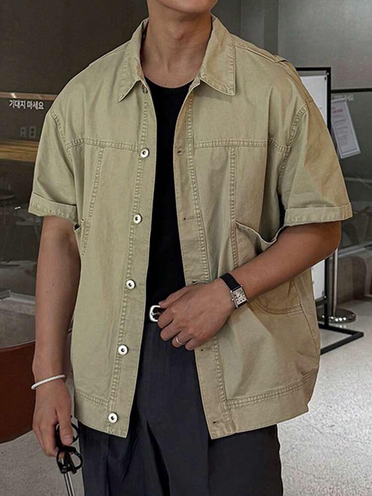 Washed Distressed Khaki Short Sleeve Denim Shirt For Men