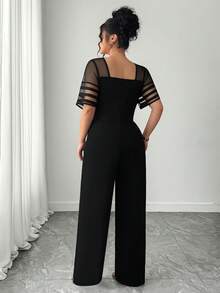Elenzga Plus Size Women's Spring/Summer Fashion Minimalist Mesh Patchwork Design Waist Cinched Straight Leg Jumpsuit - Black - View 2