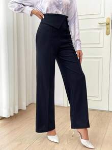 Modelyn Pantalones rectos de oficina de unicolor y diseño de botones de talle alto para mujer en otoño/invierno - Negro - Ver 4