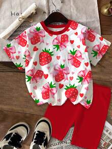 Bộ đồ đôi nữ tuổi teen dễ thương, ngọt ngào, họa tiết trái cây chấm bi, dâu tây, hoa, trái tim, phong cách nghỉ mát, màu đỏ retro, gồm áo thun ngắn tay và quần short, thích hợp cho mùa hè. - Nhiều màu - Xem 2