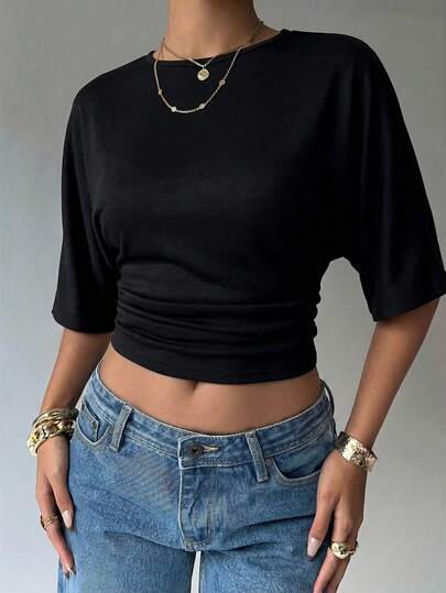 Aloruh Women's Casual Everyday Commute Solid Color Batwing Sleeve Pleated Cropped T-Shirt, Summer