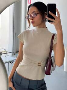 Aloruh 女士夏季休闲钩编蕾丝立领套头针织衫，适合办公室、通勤、音乐节、度假以及各种场合，包括工作、商务休闲、婚礼、派对和休闲外出。 - 杏色 - 查看 1