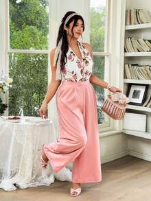 SHEIN Clasi Mono holgado elegante y romántico de la colección de San Valentín con contraste de color, estampado floral de rosa y lazo delantero, talla grande - Multicolor - Ver 4