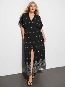 Maija Plus Size V-Neck Short Sleeve Ruffle Hem Pleated Black Summer Elegant Cute Tea Party Vacation Allover Print Dress For Women Boho Vacation Floral - Black - View 6