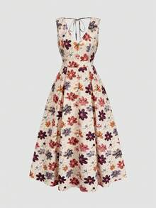 SHEIN Franclia Đầm hoa nữ thanh lịch, lãng mạn, không tay, hở lưng, in họa tiết hoa, thích hợp cho kỳ nghỉ xuân/hè, đi biển, cắm trại, mặc hàng ngày, công sở. - Xám Xanh - Xem 4