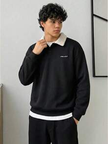 Manfinity Unisex Men's Knitted Casual Loose Fit Long Sleeve Sweatshirt, Fashionable And Suitable For Young People, Autumn/Winter, Couple Things - Black - View 2