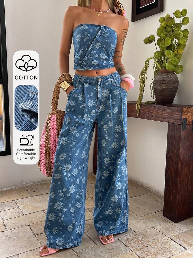 Women's Casual Floral Print Sleeveless Crop Top And Straight Leg Jeans Set, Spring/Summer