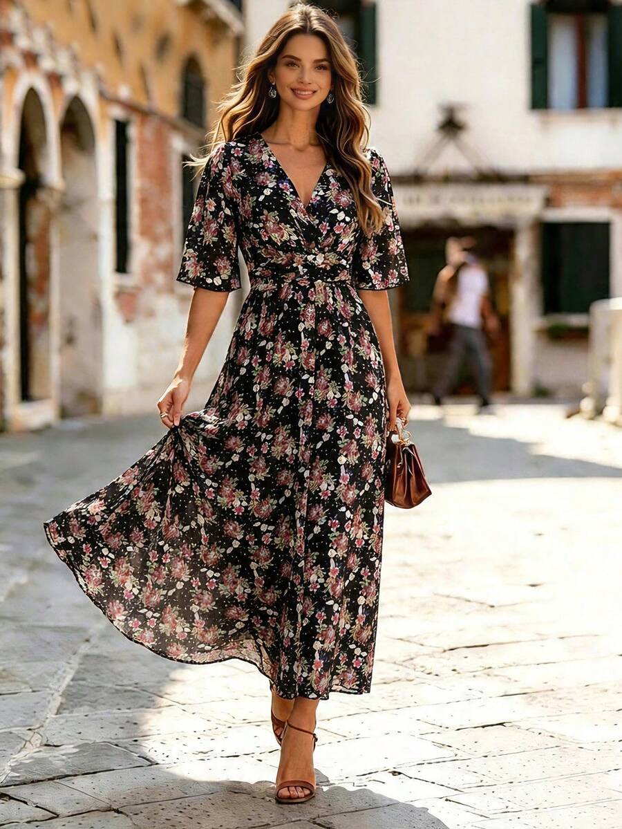 EMERY ROSE Đầm voan hoa nhí thanh lịch cổ chữ V sâu, thắt eo, chất liệu chiffon, thích hợp cho mùa xuân/hè. - màu đen - Xem 1