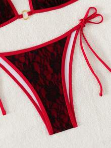 SHEIN Swim Women's 2025 Vacation Beach Lace Halter Tie Sexy Bikini Set Summer - Red - View 5