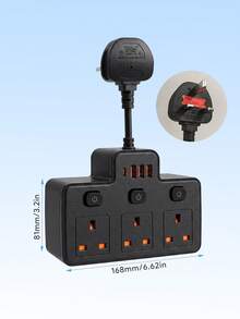 Teckwe 7-In-1 UK Plug Extension, 3 Way Multi Plug Adapter With 4 USB Ports, Independent Switches, Wall Socket Extender For Home Office Travel - View 7