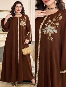 Al Najma Plus Size Women's Turkish Maxi Dress & Arabic Traditional Abaya Kaftan Jalabiya Dress - Coffee Brown - View 4