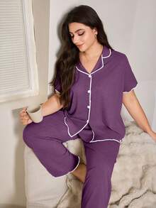 SHEIN Purple Ruffle Trim Super Soft Draping Summer Floral Chiffon Knit Fabric Classic Loose Turndown Collar Open Front, Casual Loungewear PJS - Purple - View 4